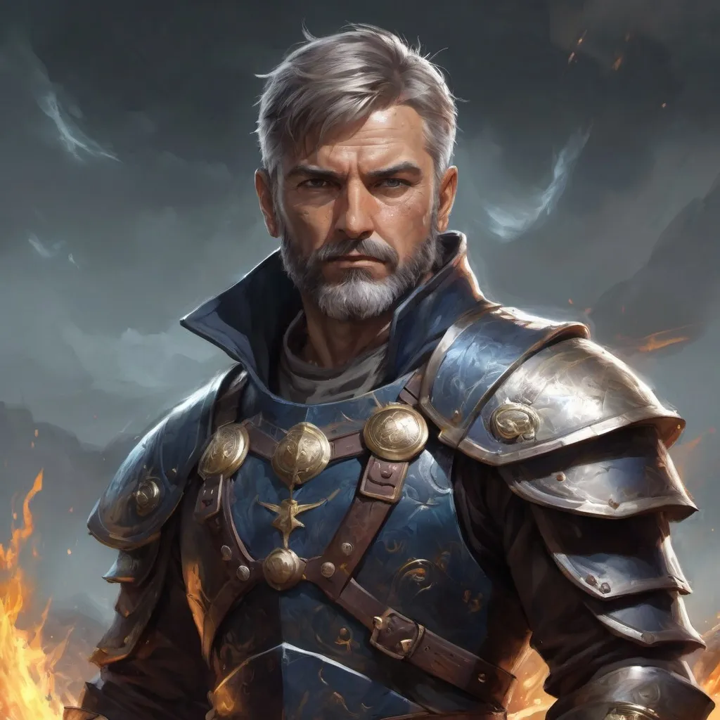 Prompt: (torso) Male heavy-set mature fit magical Paladin with short-cut hair and beard, holding fantasy-weapon, in movement, in a windy battlefield, pathfinder, d&d setting, enhanced shadow quality