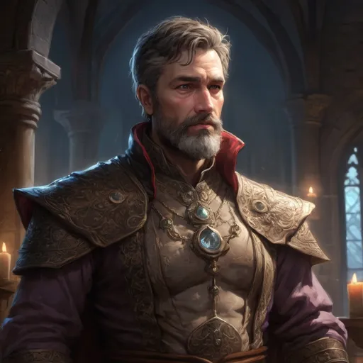 Prompt: (torso) Male stocky mature noble cleric, with short hair and beard, open shirt, hairy chest, in a dark library in a castle, pathfinder, d&d setting, in a realistic high quality digital art style, enhanced shadow quality, colorful