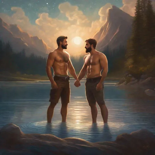 Prompt: (Fullbody) two adult male explorers manly face one with brown short-hair and beard other one with grey short-hair and mustache, both with no shirt and very hairy chest, fantasy setting, swirly magic light in the background, touching and each other, by a lake at nighttime, in a painted style, realistic