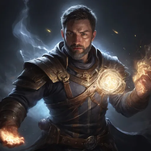 Prompt: Male stocky large mature fit battle-mage with short-cut hair and beard, engaged in combat casting a white-light spell in a dark room, pathfinder, d&d setting, realistic, enhanced shadow quality