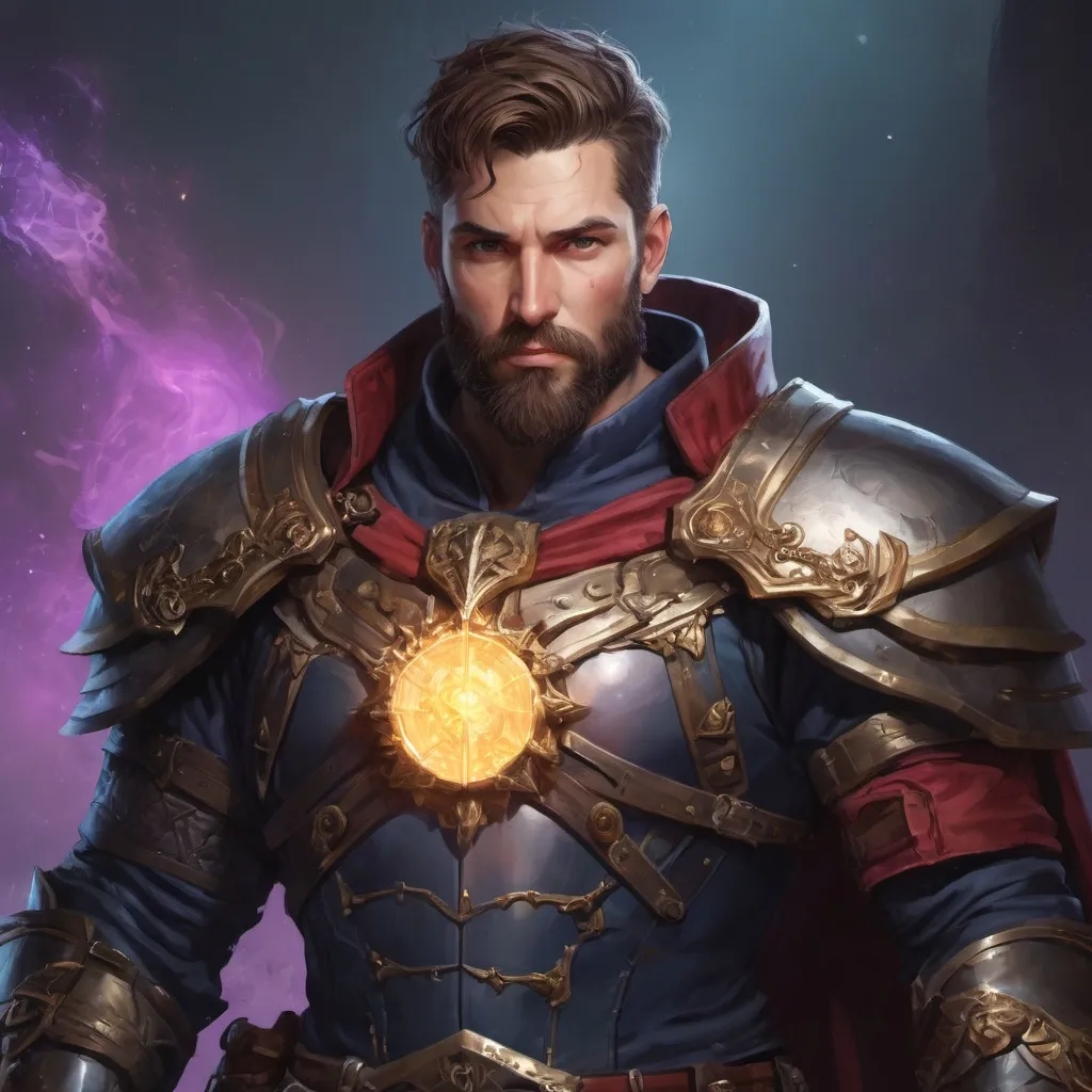Prompt: (Torso) Male stocky large mature holy-paladin with short-cut hair and beard, exploring a dark dimention, surrounded by bright magic, pathfinder, d&d setting, in a realistic high quality digital art style, enhanced shadow quality, colorful