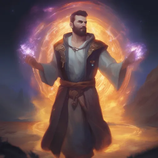 Prompt: (Full body) male stocky magus with short-cut hair and beard, casting a swirly astral-spell, in nature at night pathfinder, d&d setting, in a realistic digital art style