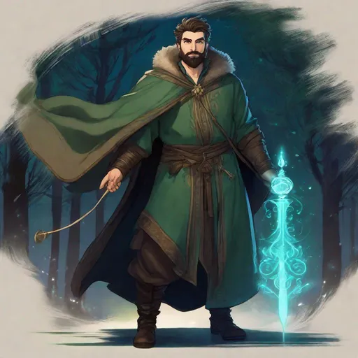 Prompt: (Full-body) a handsome large burly hairy male mage with short hair and short beard, staff emitting weak magic blue light in one hand, light swirl in other hand, wearing dark forest-green robe with details, visible chest hair, brown cloak, boots, street in a town at night, in a shaded painted style