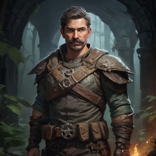 Prompt: (torso) Male stocky large mature bounty-hunter, with short hair and mustache, in a ruin in a forest at night  pathfinder, d&d setting, in a realistic high quality digital art style, enhanced shadow quality