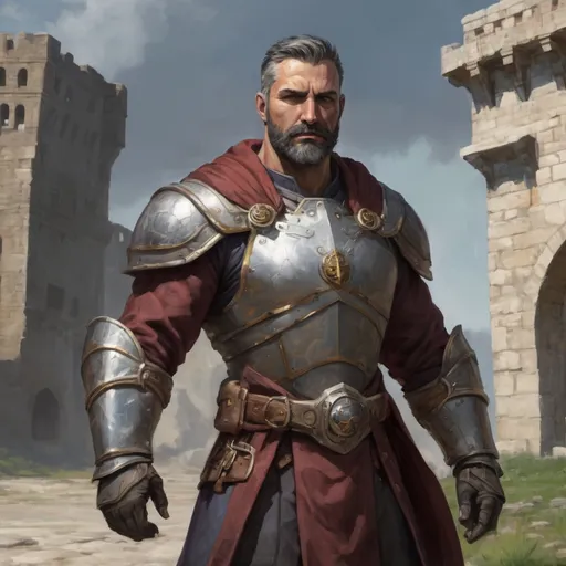 Prompt: Male heavy-set mature fit muscular large crusader with short-cut hair and beard, in a windy castleground, pathfinder, d&d setting, enhanced shadow quality
