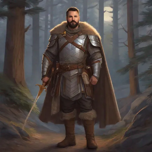 Prompt: (Fullbody) male adult explorer manly face short-hair grey stripes, bearded, armor, open shirt, heavy belt , swirly magic, brown boots, cloak, pathfinder, dungeons and dragons, outside a town by a forest at night, holding a weapon, in a painted style, realistic