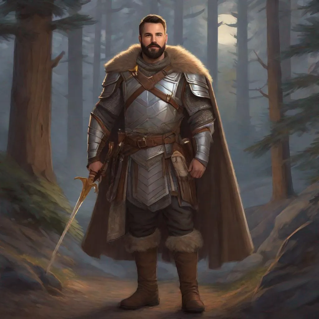 Prompt: (Fullbody) male adult explorer manly face short-hair grey stripes, bearded, armor, open shirt, heavy belt , swirly magic, brown boots, cloak, pathfinder, dungeons and dragons, outside a town by a forest at night, holding a weapon, in a painted style, realistic