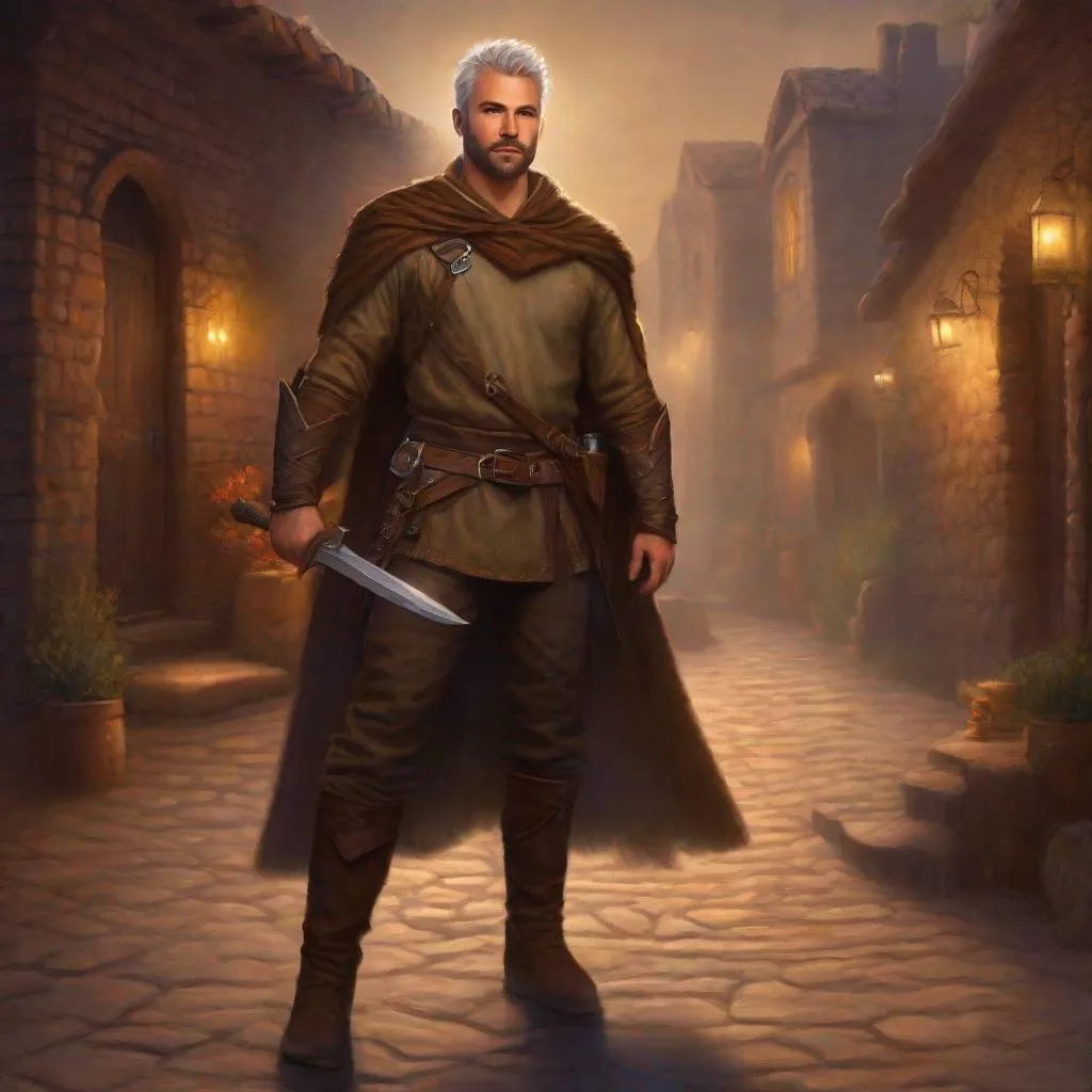 Prompt: (Full body) A male ranger with a fuzzy chest short-cut salt and pepper hair with short-beard manly face no shirt on, pathfinder, faint lights in the background, holding weapon, dungeons and dragons, brown boots, fantasy setting, standing in a backstreet at night, in a painted style realistic art