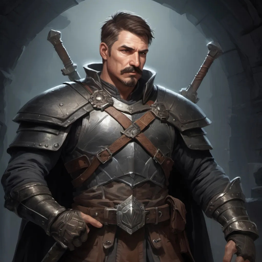 Prompt: (torso) Male heavy-set mature warrior with short-cut hair and mustache, holding weapon, in a dark dungeon underground, pathfinder, d&d setting, in a realistic high quality digital art style, enhanced shadow quality