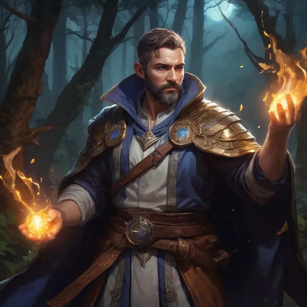 Prompt: Male stocky heavy-set mature summoner with short-cut hair and beard, magical glowing robes, casting a spell in combat outside of fantasy forest at night, pathfinder, d&d setting, in a realistic high quality digital art style, enhanced shadow quality