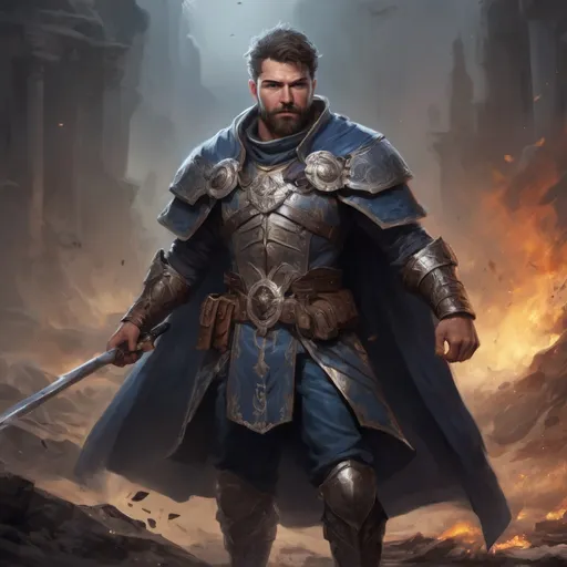 Prompt: (Full body) male stocky masculine manly hunky royal cleric with short hair and beard, in a dark battle field, pathfinder, d&d setting, in a realistic high quality digital art style