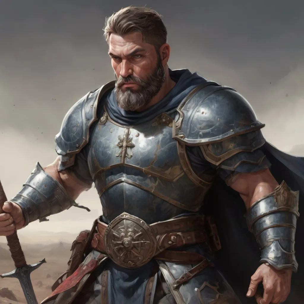 Prompt: Male stocky heavy-set mature muscular crusader with short-cut hair and beard, on a battlefield, in combat, holding a sword, pathfinder, d&d setting, enhanced shadow quality