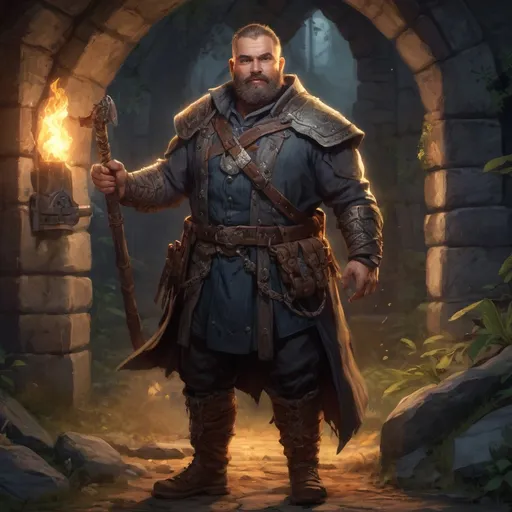 Prompt: (Full body) male stocky heavy-set magical raider with short hair and beard, outside of a dungeon entrance in nature at night, pathfinder, d&d setting, in a realistic high quality digital art style, enhanced shadow and light