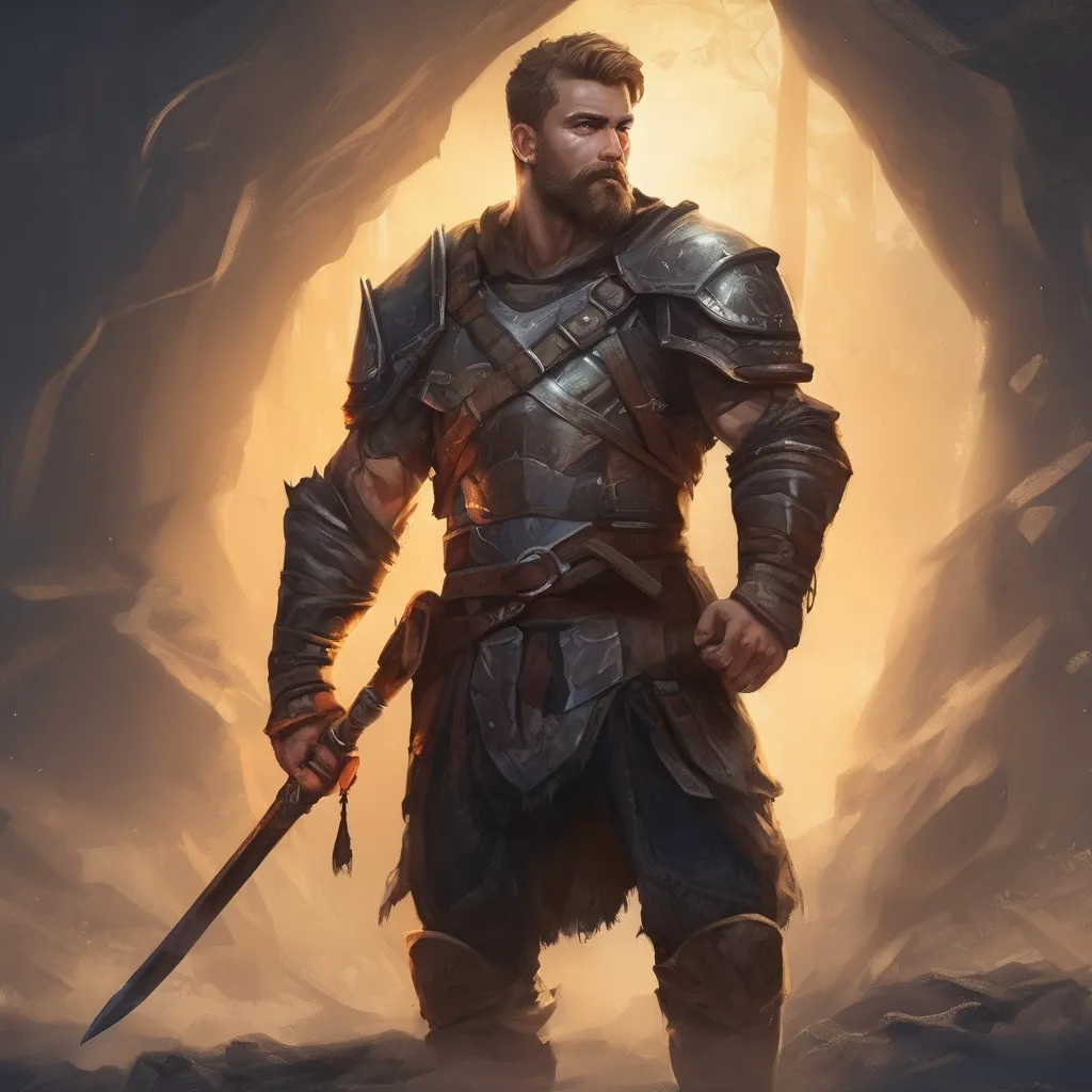 Prompt: (Full body) male handsome large muscular young norwegian warrior with short hair and beard, outside of a cave by a forest at night, pathfinder, d&d setting, in a realistic high quality digital art style