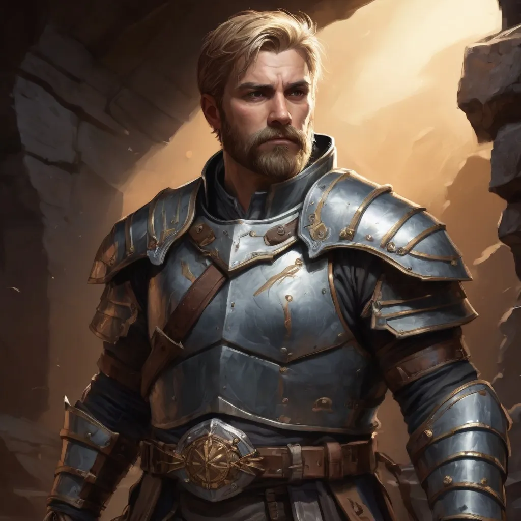 Prompt: Male stocky warrior in  a breastplate, with short dark-blonde hair and beard, exploring a dark dungeon, pathfinder, d&d setting, in a realistic high quality digital art style, enhanced shadow quality, very colorful