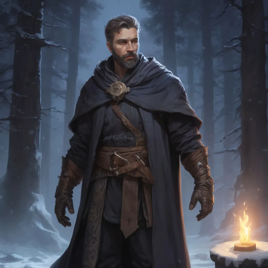 Prompt: Male stocky mature Cloaked rogue, with short hair and beard, standing on an old temple in a winter forest at night, pathfinder, d&d setting, in a realistic high quality digital art style, enhanced shadow quality, colorful