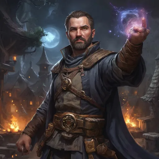 Prompt: (torso) Male stocky large 38-year old sorcerer with short hair and beard, engaged in combat casting an arcane-spell in a fantasy village at night, in movement, pathfinder, d&d setting, realistic, enhanced shadow quality, colorful