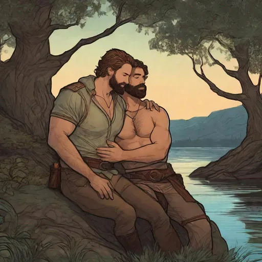 Prompt: (Fullbody) two male adult rangers manly face with short brown hair and beard, no shirt very hairy chest, swirly magic, touching and kissing each other lustfully, pathfinder, dungeons and dragons, dark forest by a lake at midnight, in a painted style, realistic