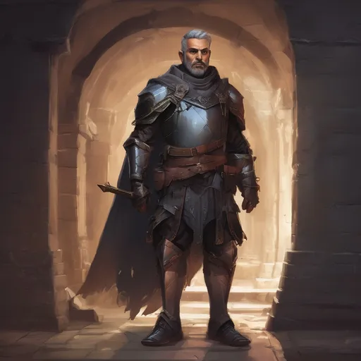 Prompt: (Full body) male stocky knight with grey short-cut hair and beard, in a dark underground dungeon temple, pathfinder, d&d setting, in a realistic digital art style