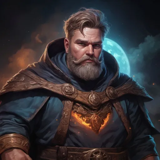 Prompt: Male stocky large fat Norwegian sorcerer with short-cut hair and beard, exploring a dark astral nature, pathfinder, d&d setting, in a realistic high quality digital art style, enhanced shadow quality, colorful