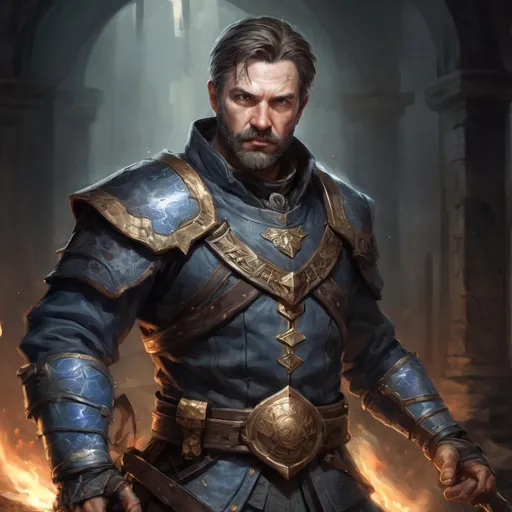 Prompt: (torso) Male stocky large mature Swedish handsome battle-mage with short-cut hair and beard, engaged in combat casting an arcane-spell inside of a dark dungeon, in movement, pathfinder, d&d setting, realistic, enhanced shadow quality, colorful