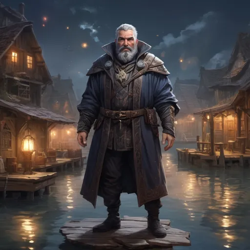 Prompt: male stocky mature heavy-built large bandit-magus with short hair and beard, wearing magic coat, casting a water-spell, on a dock by a small village at night, pathfinder, d&d setting, in a realistic high quality digital art style