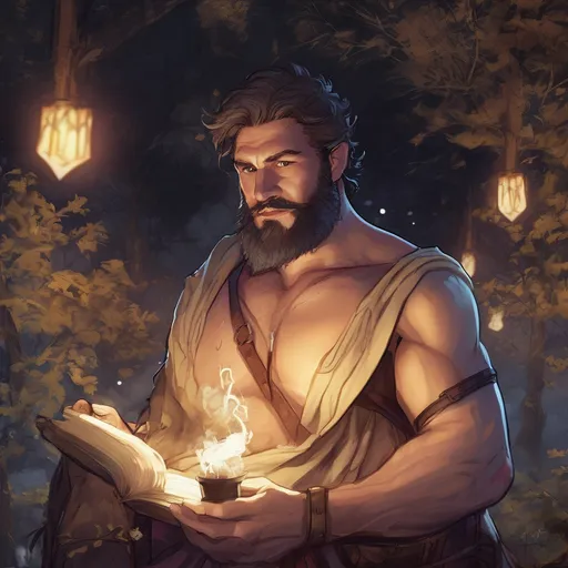 Prompt: (Full body) male stocky big-chested hairy-chested sorcerer with short hair and beard, no shirt on, casting a spell, in nature at night, pathfinder, d&d setting, in a realistic digital art style