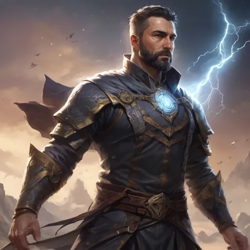 Prompt: (torso) Male stocky large fit 37-year old arcanist with short-cut hair and beard, casting a magic-ray out of hands in a windy path, pathfinder, d&d setting, in a realistic high quality digital art style, enhanced shadow quality