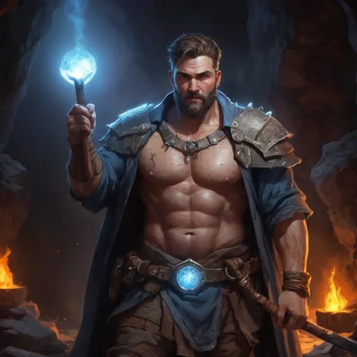 Prompt: Male stocky heavy-built warrior with short-cut hair and beard, open shirt hairy chest, big belly, inside a cavern dungeon at night, pathfinder, d&d setting, in a realistic high quality digital art style, colorful