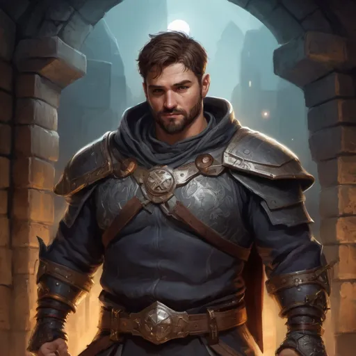 Prompt: Male stocky heavy-set paladin with short-cut hair and beard, hairy chest, pecs and big belly, inside a temple dungeon at night, pathfinder, d&d setting, in a realistic high quality digital art style, enhanced shadow quality