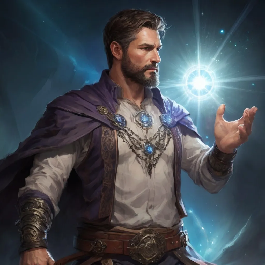 Prompt: (torso) Male stocky large fit 43-year old magical-summoner with short-cut hair and beard, casting a magic-ray out of hands in a windy astral path, pathfinder, d&d setting, in movement, hands up, enhanced shadow quality