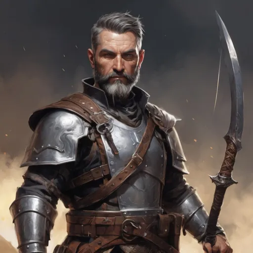 Prompt: (torso) Male heavy-set mature fit magical halbardier with short-cut hair and beard, holding fantasy-weapon, in movement, in a windy battlefield, pathfinder, d&d setting, enhanced shadow quality