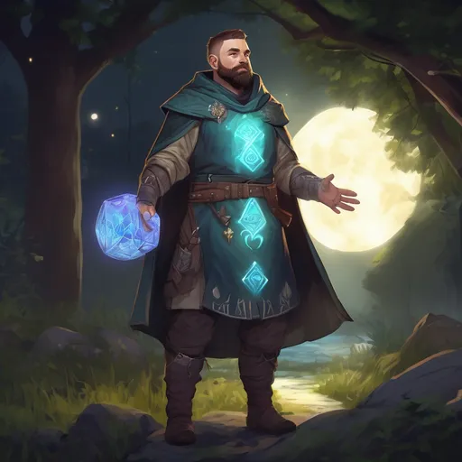 Prompt: (Full body) male magical stocky cleric with short hair and beard, in nature at night, pathfinder, d&d setting, in a realistic digital art style