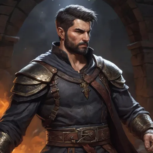 Prompt: (torso) Male stocky large albanian handsome battle-mage with short-cut hair and beard, engaged in combat casting an arcane-spell inside of a dark dungeon, in movement, pathfinder, d&d setting, realistic, enhanced shadow quality, colorful