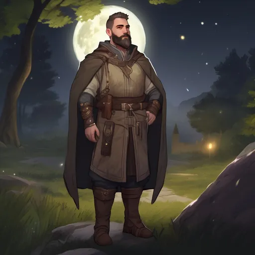 Prompt: (Full body) male thick manly cleric with short hair and beard, in nature at night, pathfinder, d&d setting, in a realistic digital art style