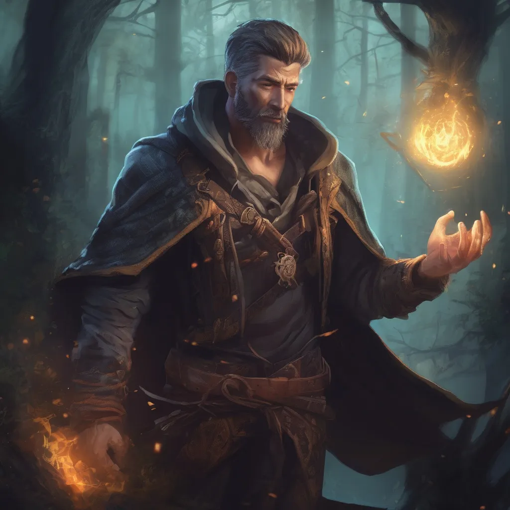 Prompt: (Full body) male handsome muscular Noble spell-caster with short hair and beard, casting a magical dark spell, in a forest at night, pathfinder, d&d setting, in a realistic high quality digital art style