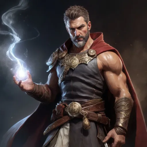 Prompt: (torso) Male stocky large mature fit battle-mage with short-cut hair and beard, engaged in combat casting a light-spell in movement, pathfinder, d&d setting, realistic, enhanced shadow quality