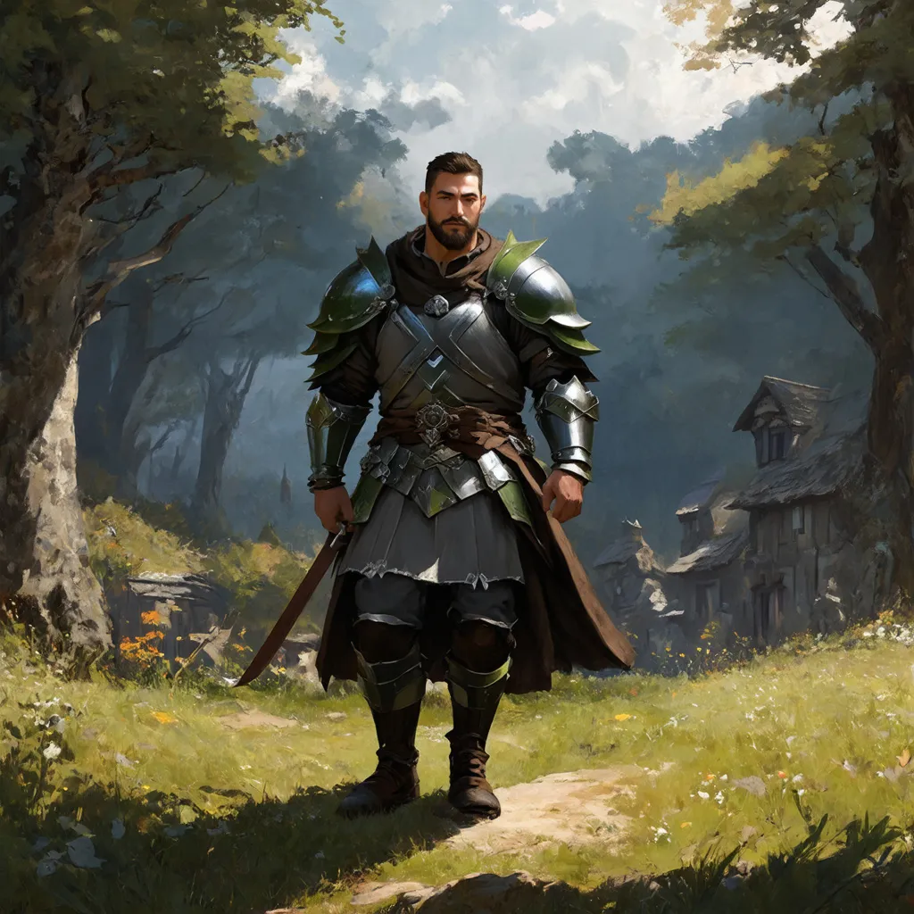 Prompt: (Full body) male warrior with short hair and beard, in dark grey and forest-green armor, exploring a dark fantasy villiage by a forest, pathfinder, d&d setting, in a detailed digital art style