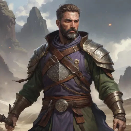 Prompt: Male heavy-set mature fit druid with short-cut hair and beard, casting healing-magic out of hands on a wounded male warrior with short hair and a beard, in a windy battlefield, pathfinder, d&d setting, enhanced shadow quality