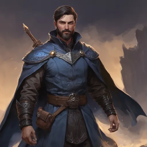 Prompt: male stocky heavy-set royal black-mage with short-cut hair and beard, hairy chest, casting swirly bright spell, in windy valley, pathfinder, d&d setting, realistic high quality, enhanced shadow quality