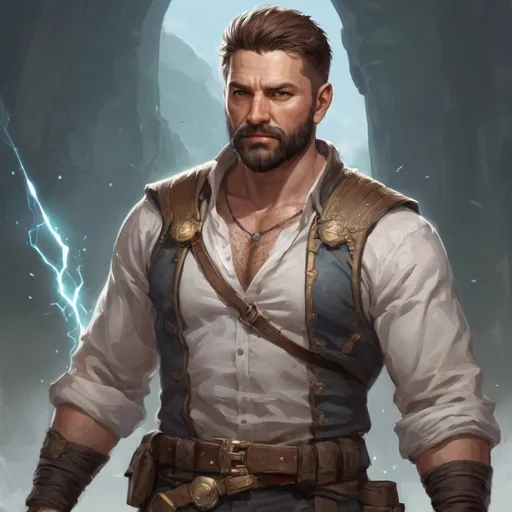 Prompt: (torso) Male stocky large fit 37-year old enchanter with short-cut hair and beard, open shirt hairy chest, in combat casting a magic-ray out of hands in a windy path, pathfinder, d&d setting, in a realistic high quality digital art style, enhanced shadow quality, colorful