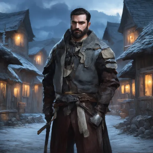 Prompt: (Full body) male manly stocky noble royal guard with dark short-cut hair and beard, in small village at night, pathfinder, d&d setting, in a realistic digital art style