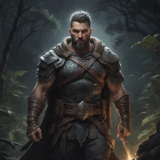 Prompt: Male stocky muscular mature warrior, with short hair and beard, in a dark thicket by a battlefield at night in a rainstorm, pathfinder, d&d setting, in a realistic high quality digital art style, enhanced shadow quality, colorful