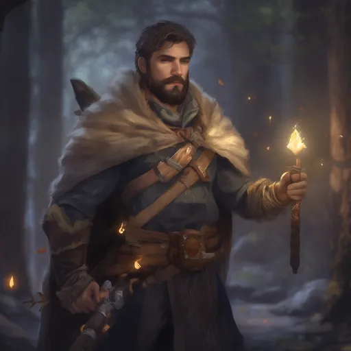 Prompt: (Full body) male stocky ranger with short-cut hair and beard, no shirt on, hairy chest, casting a swirly nature-spell, in nature at night pathfinder, d&d setting, in a realistic digital art style