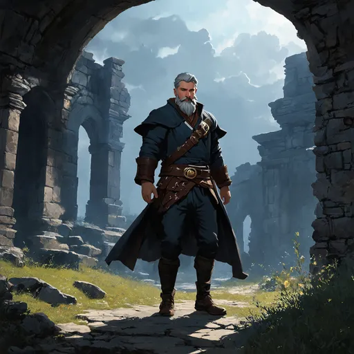 Prompt: (Full body) male alchemist with grey short hair and beard, belt and pants, exploring ruins at night, pathfinder, d&d setting, in a digital art style