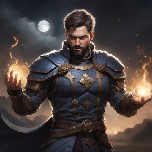 Prompt: Male stocky heavy-set crusader with short-cut hair and beard, casting a magical healing-spell out of hands, on a batle field at night, pathfinder, d&d setting, in a realistic high quality digital art style, enhanced shadow quality