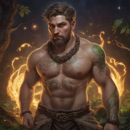 Prompt: (Full body) male stocky druid with short-cut hair and beard, no shirt on, hairy chest, casting a swirly nature-spell, in nature at night pathfinder, d&d setting, in a realistic high quality digital art style