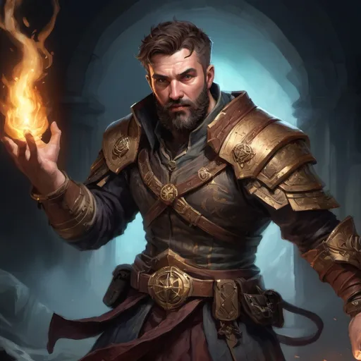 Prompt: (torso) Male stocky large mature summoner with short-cut hair and beard, engaged in combat casting a holy light spell inside of a dark dungeon, pathfinder, d&d setting, in a realistic high quality digital art style, enhanced shadow quality, colorful