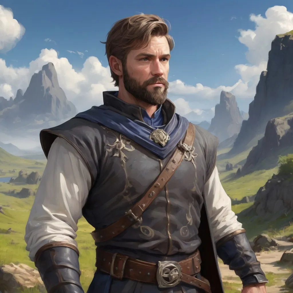 Prompt: male stocky heavy-set royal dutch stealth-mage with short-cut hair and beard, hairy chest, casting swirly bright spell, in windy valley, pathfinder, d&d setting, realistic high quality, enhanced shadow quality