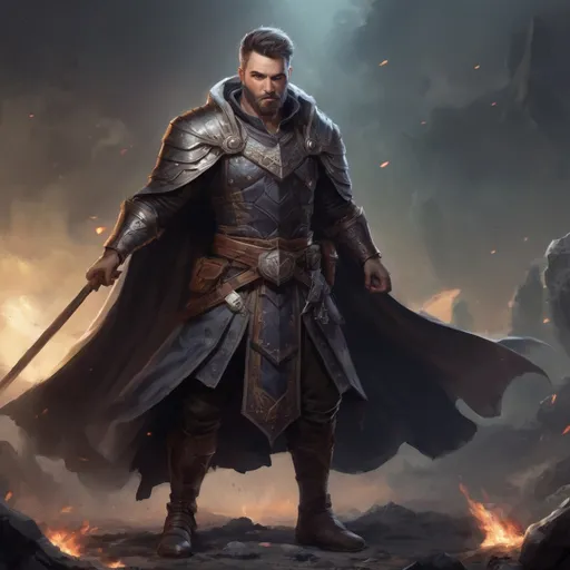 Prompt: (Full body) male stocky masculine manly hunky royal cleric with short hair and beard, in a dark battle field, pathfinder, d&d setting, in a realistic high quality digital art style